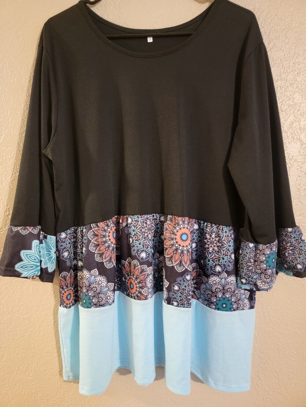 Women’s Black and Light Blue Tiered Floral Hem Top